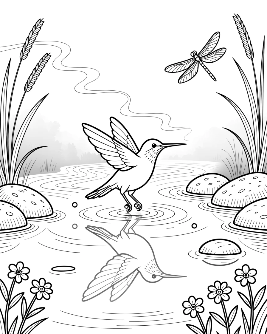 A hummingbird wading through a misty river, with its reflection rippling in a still pond.