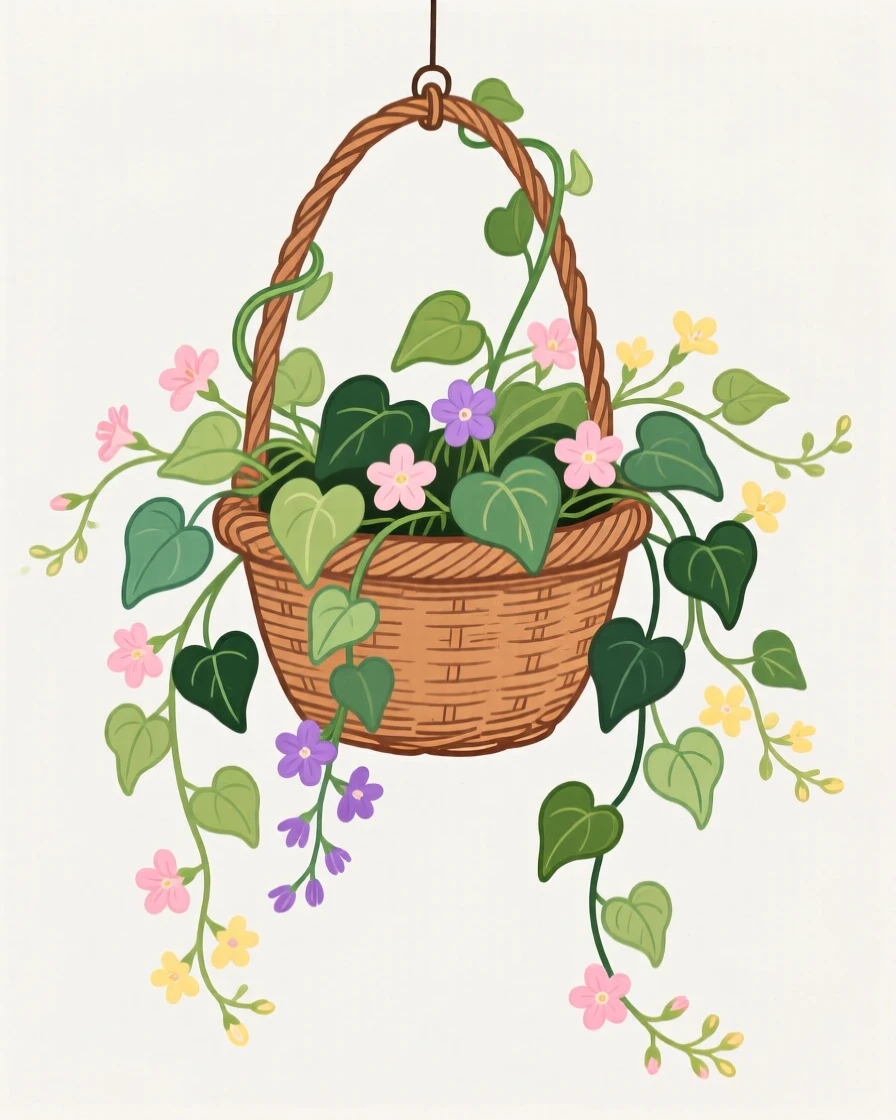 A hanging basket of trailing ivy and small blooms.