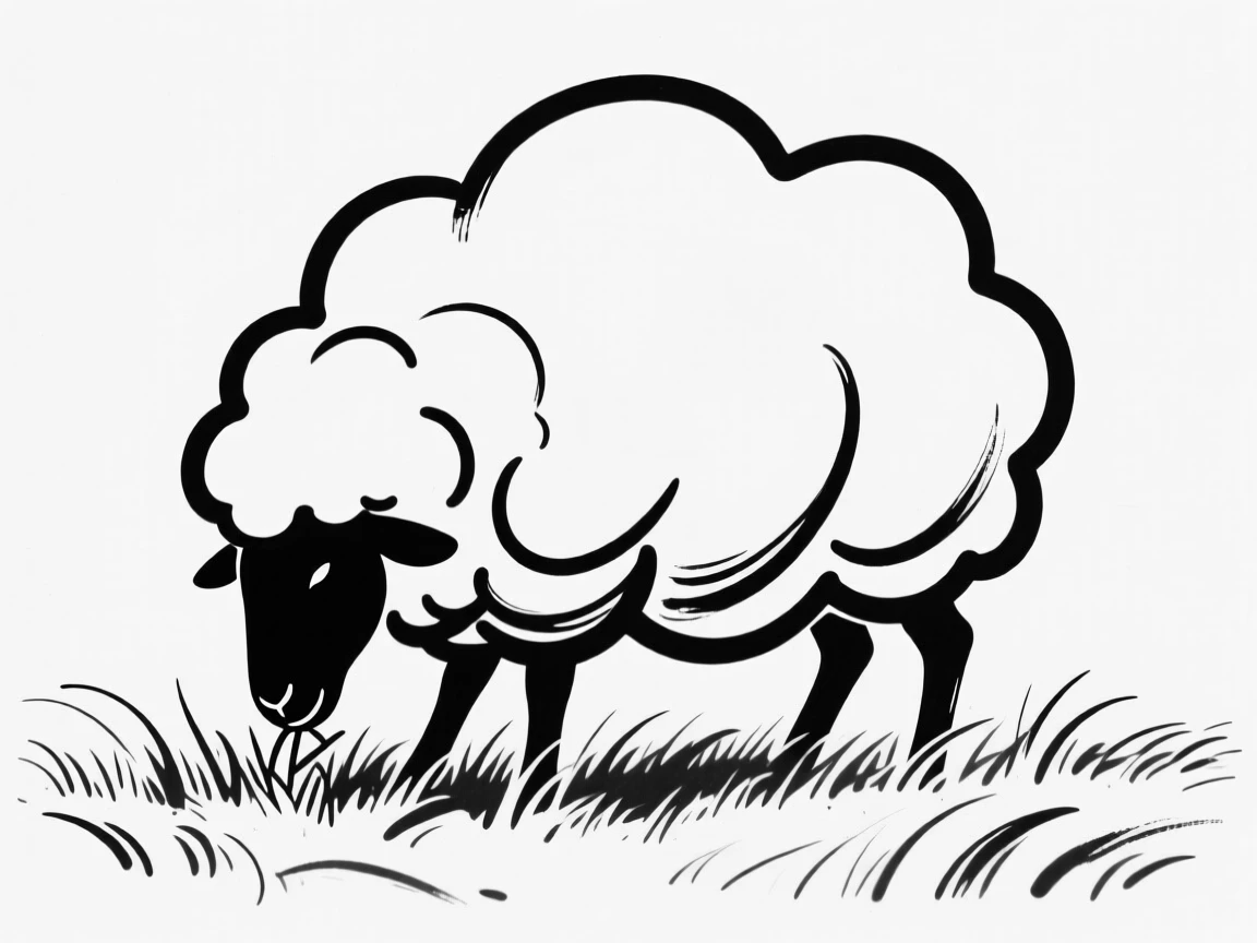A round cloud-sheep hybrid creature grazing on a fluffy meadow.
