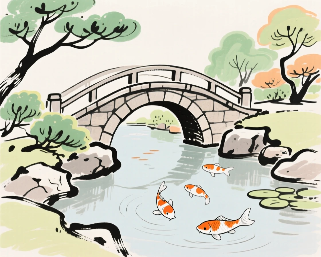 A quiet Japanese garden with a stone bridge over a koi pond.
