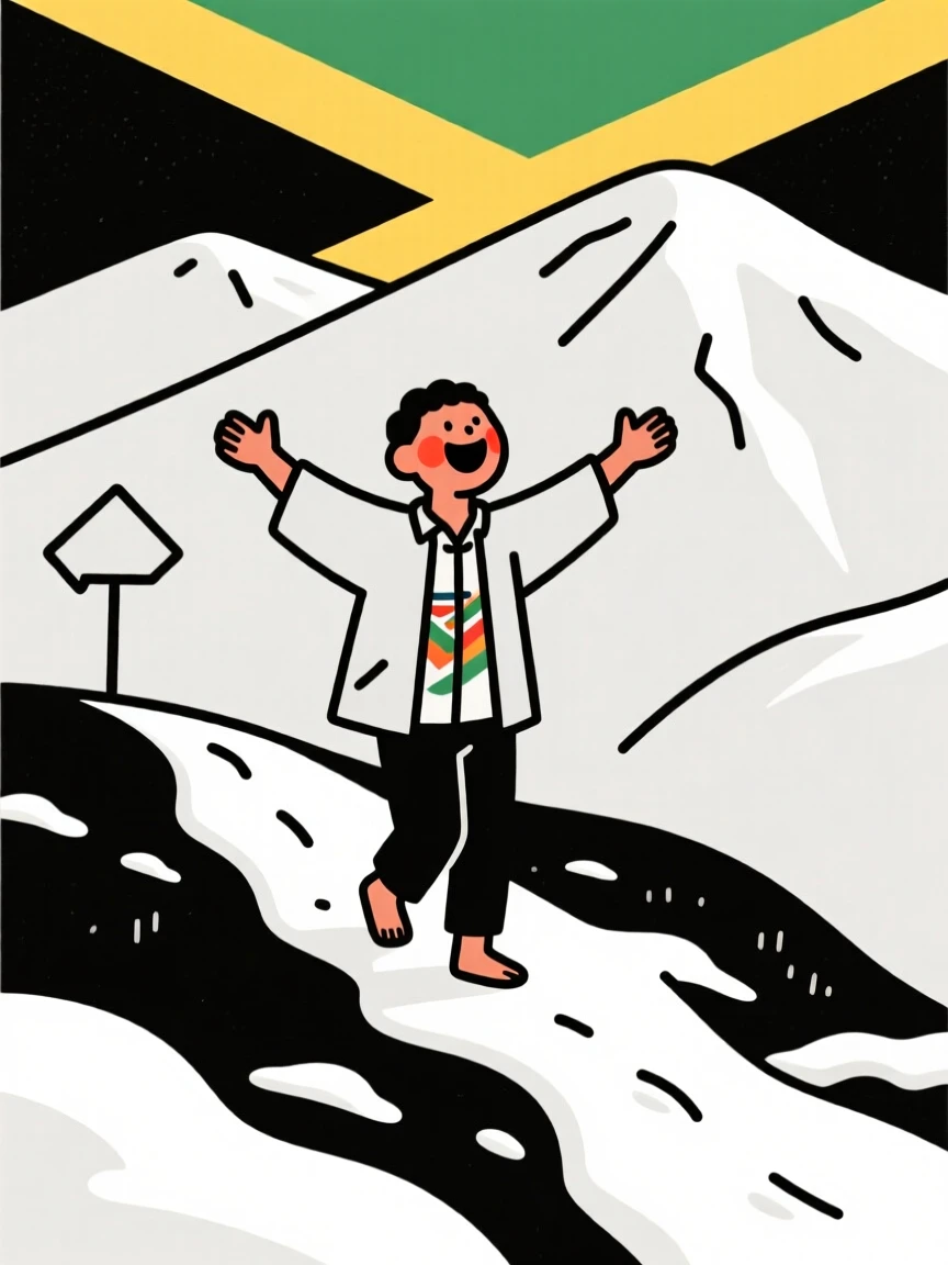 A shepherd of jamaican heritage on a hillside, laughing joyfully, on a snowy mountain trail.