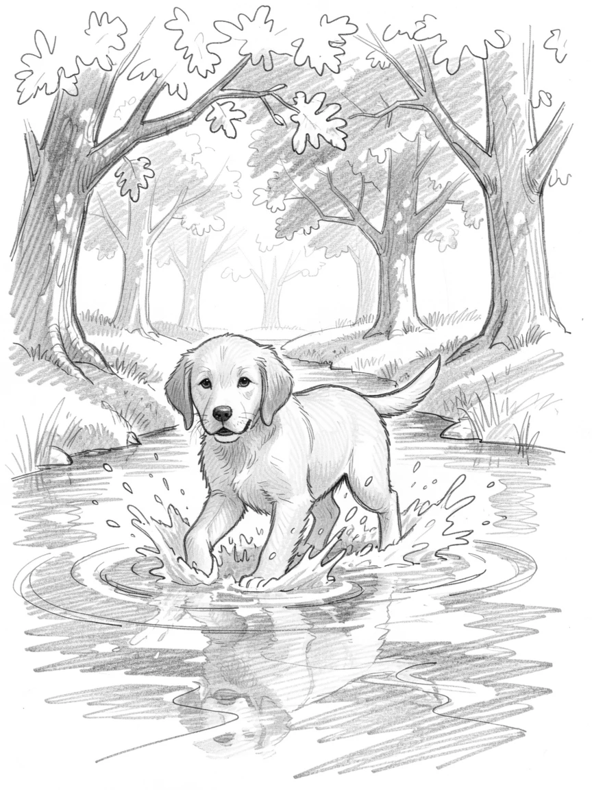 A golden retriever puppy splashing through a shallow stream, under the dappled shade of oak trees.