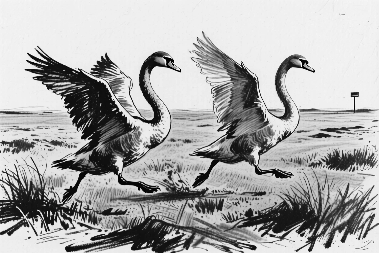 A pair of swans running freely across an open plain.
