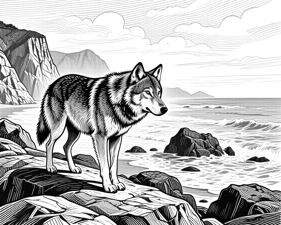 A wandering wolf along a rocky coastline, caught in a moment of quiet stillness, capturing a serene and majestic moment in nature with a strong, centered focal point.