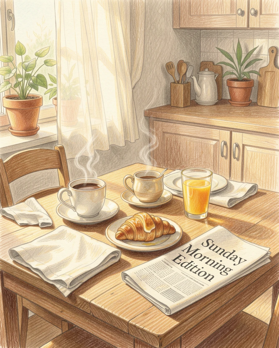 A kitchen table set for a quiet Sunday morning breakfast, with warm golden light spilling across the room, evoking the feeling of a peaceful slow morning at home.