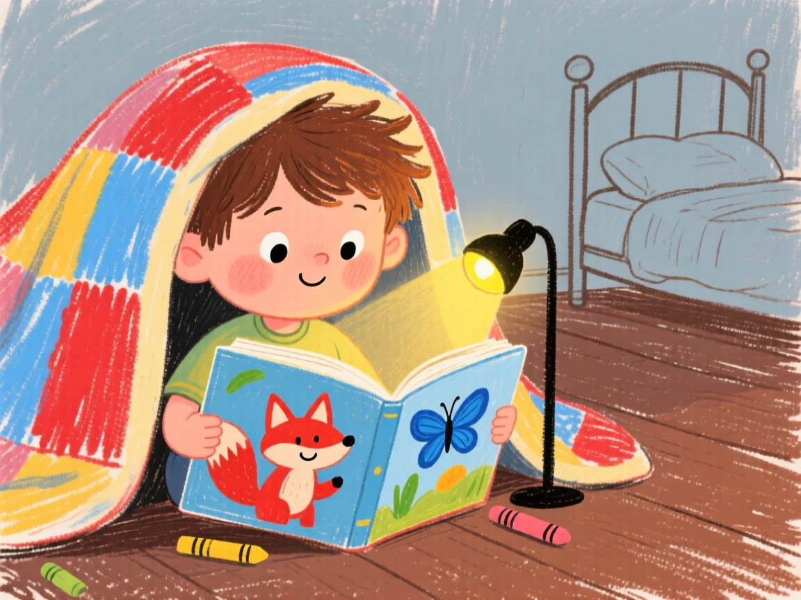 A little boy reading a picture book by flashlight under a blanket.