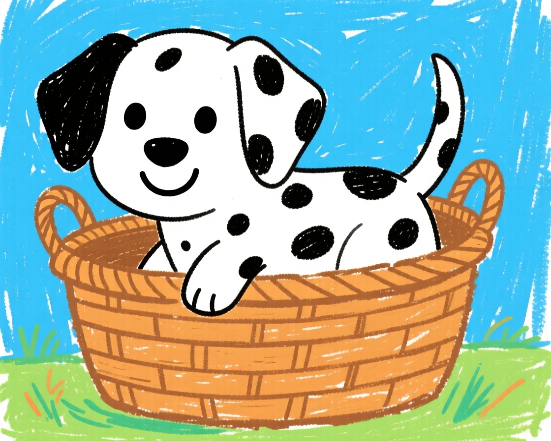 A spotted dalmatian puppy peeking out of a wicker basket.