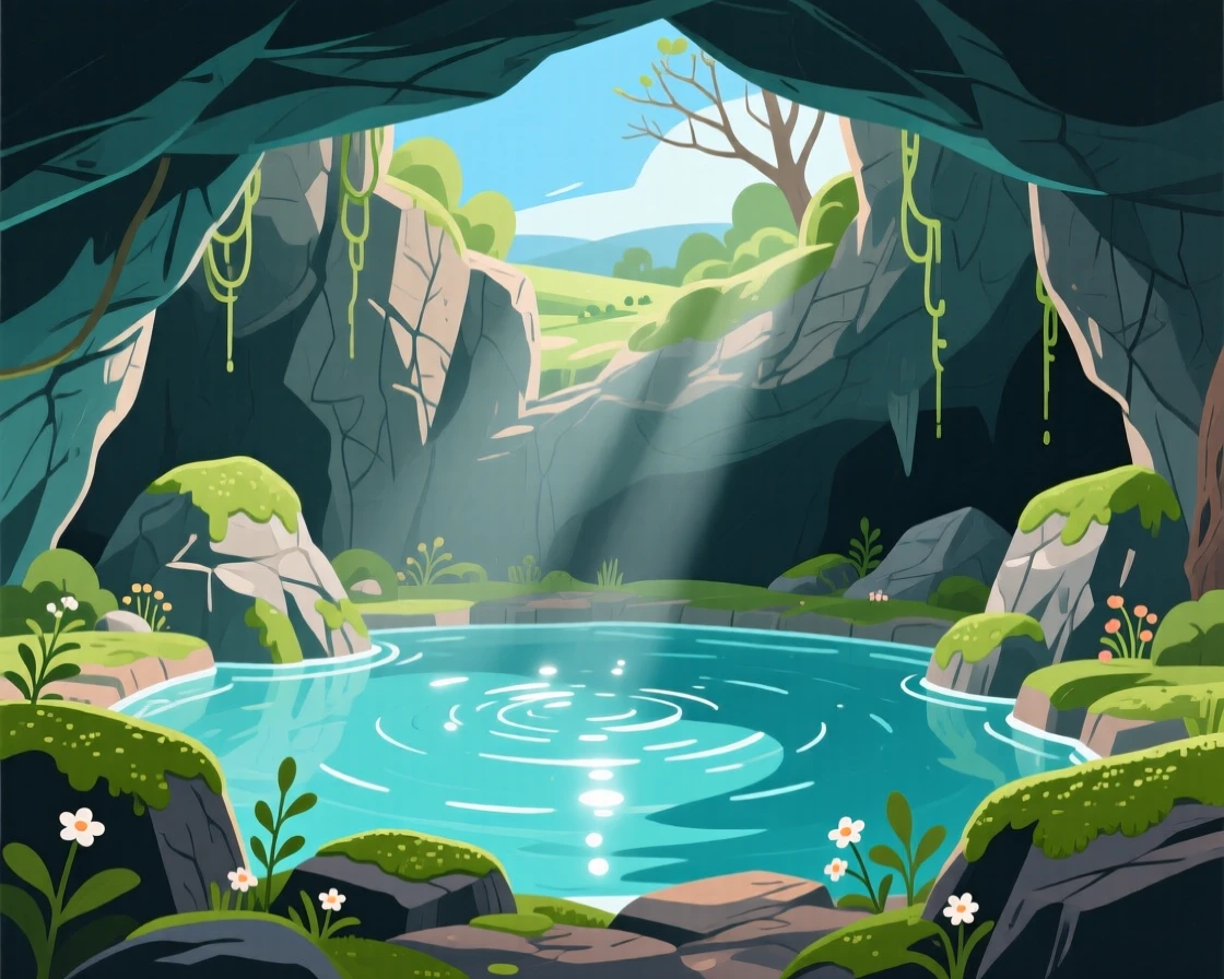A hidden grotto with a shimmering underground pool, with gentle wind rippling across the landscape, arranged with a clear foreground, midground, and background, with a fresh, crisp clarity that highlights every detail.