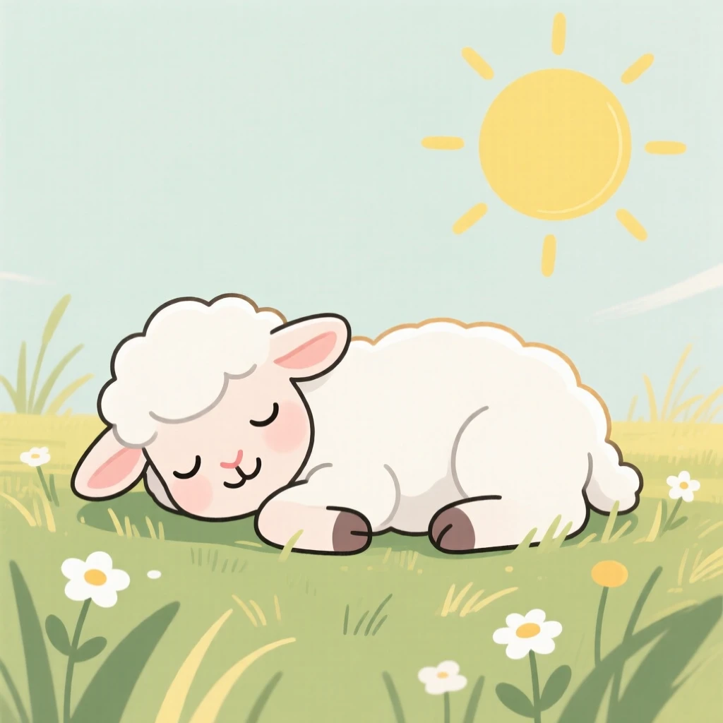 A playful lamb napping in the sun in a sunny meadow.