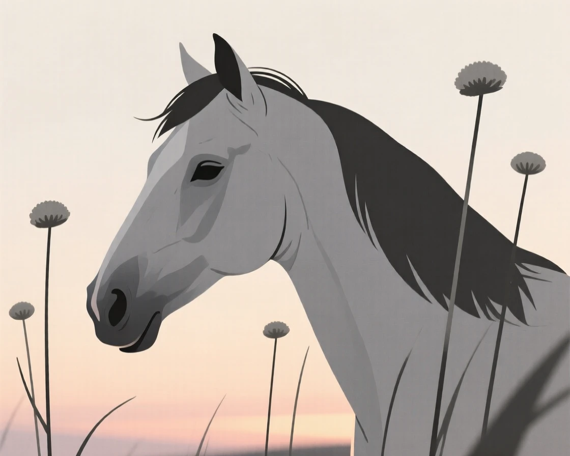 A close-up view of a wild horse settling in as the light fades, surrounded by tall wildflowers, full of quiet tenderness.