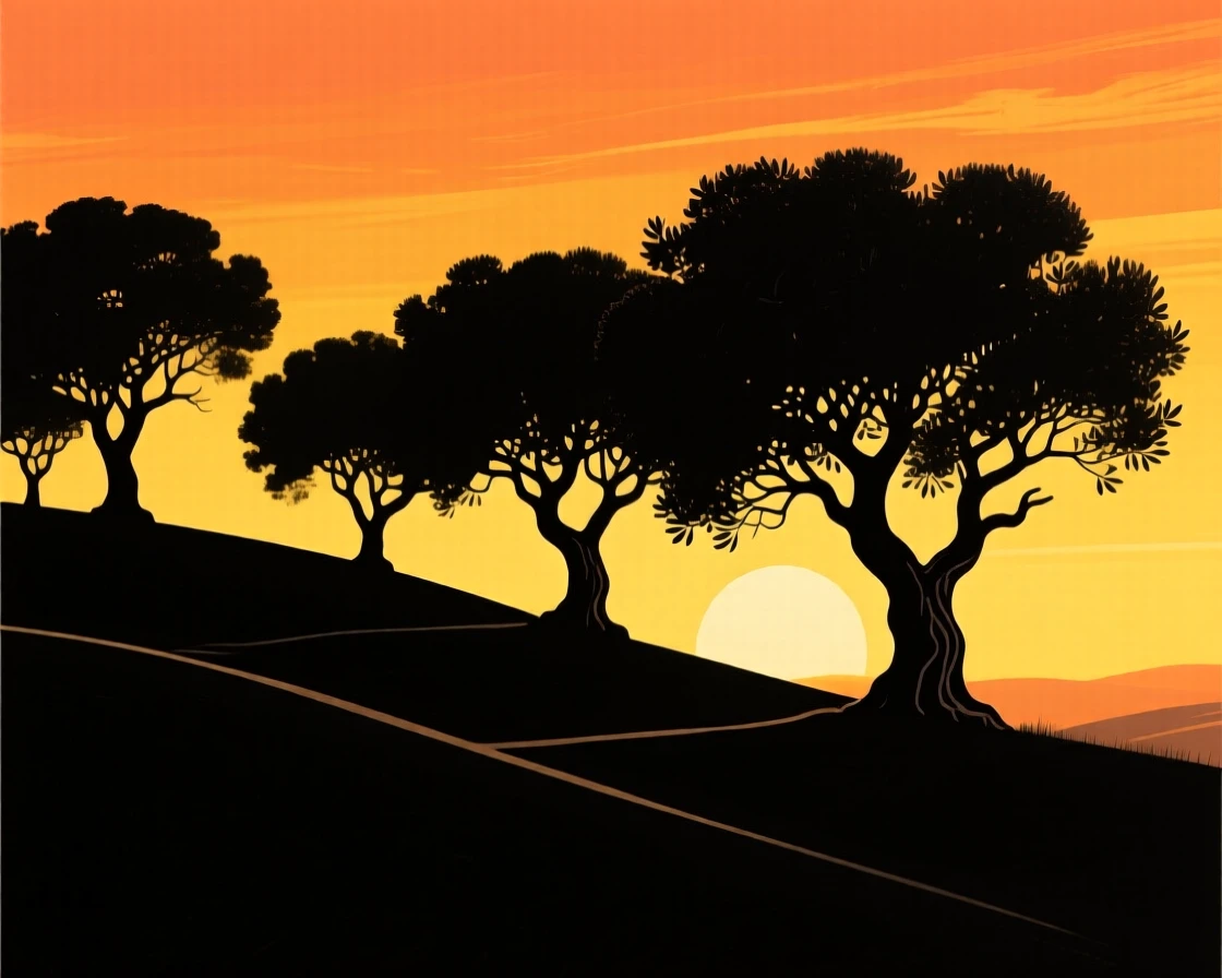 A row of ancient olive trees stretching across a sunlit hillside.