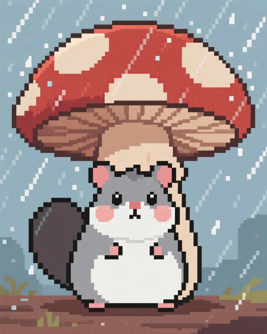 A chubby chinchilla peeking out from under a mushroom cap, under a giant mushroom during a soft rain.