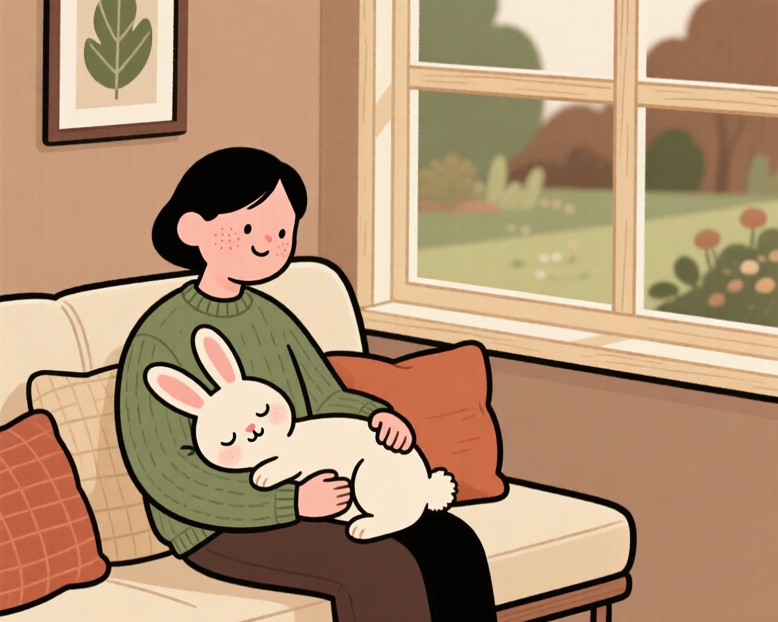 A gentle rabbit rests its head on its owner's lap during a quiet Sunday afternoon on the window seat, both perfectly content.