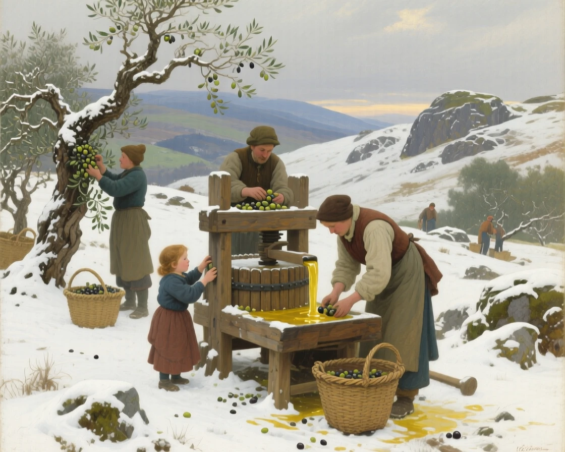 A well-framed scene of a family harvesting olives and pressing them into fresh oil, in the Scottish Highlands, under a fresh blanket of winter snow.