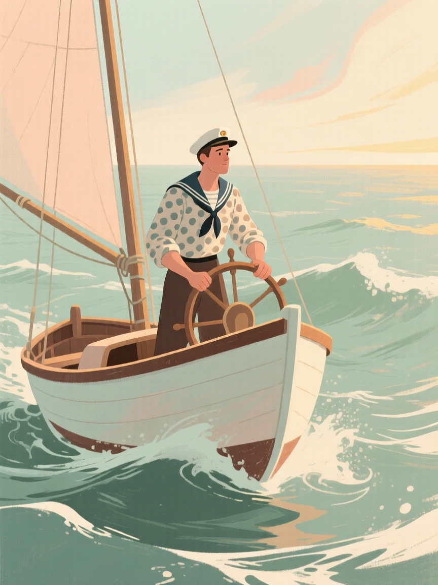 A lone sailor navigating a small boat through rolling ocean swells