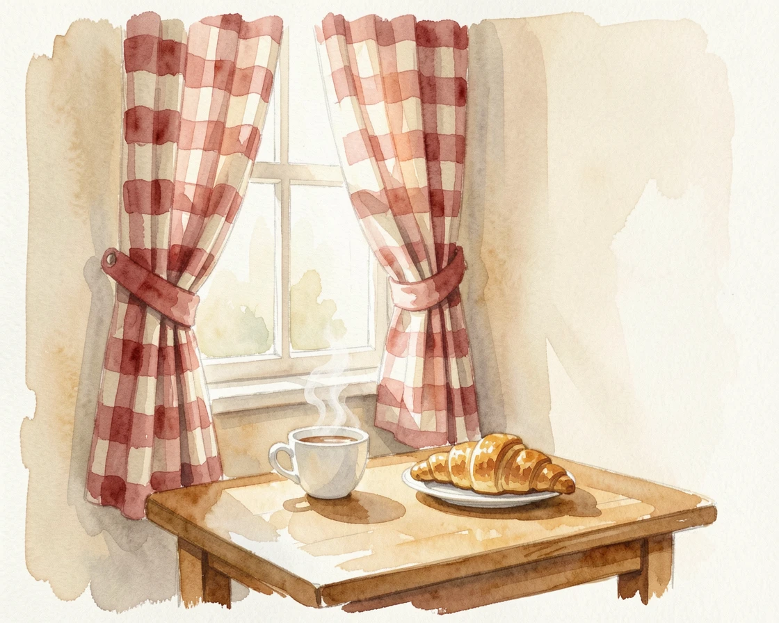 A breakfast nook with checkered curtains.