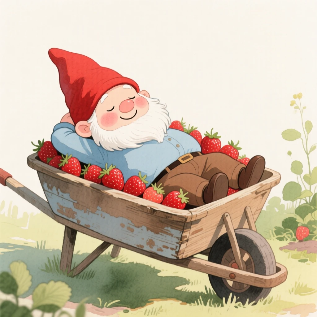 A round-bellied garden gnome naps in a wheelbarrow full of ripe strawberries under afternoon sun