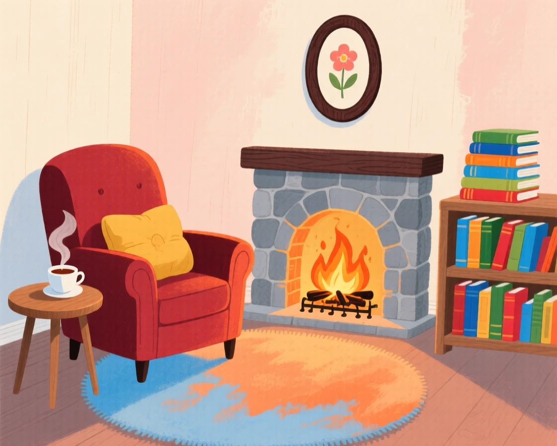 A peaceful view of a cozy reading nook by a crackling fireplace.