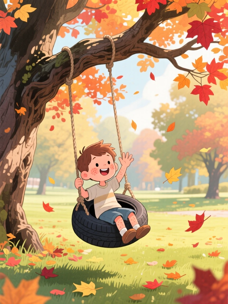 A little boy with freckles waving from a tire swing hanging from an old oak tree, in a park filled with autumn leaves, showing the magic of a simple, joyful moment.