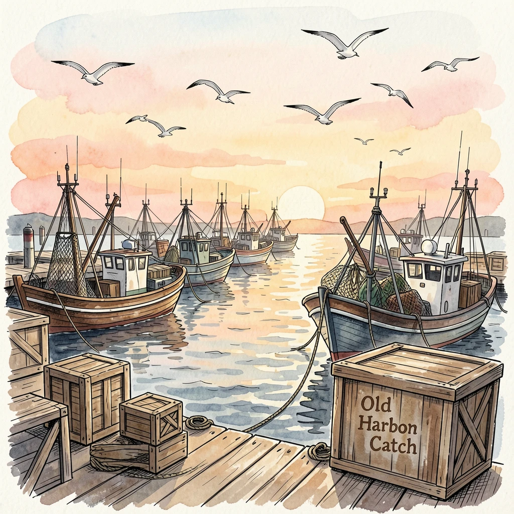 A busy harbor at sunrise with fishing boats returning, gulls circling above stacked wooden crates