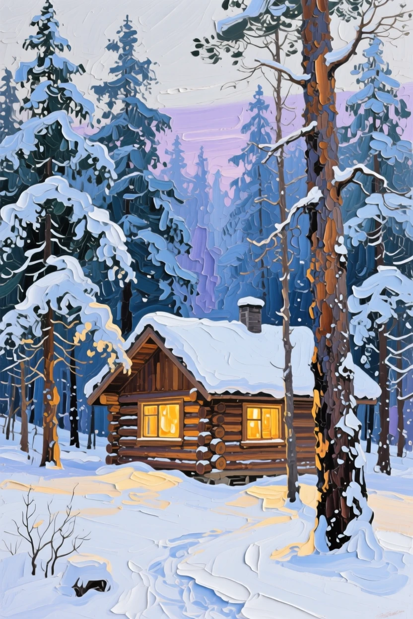 a cabin glowing through tall evergreens, on a still winter afternoon, from an inviting eye-level viewpoint.