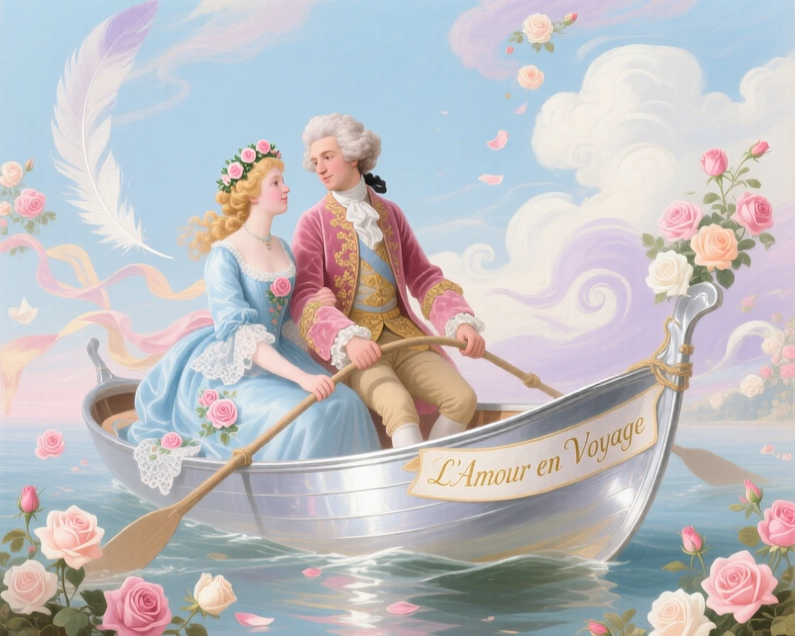A young couple sailing a silver boat through a sky filled with floating roses  
