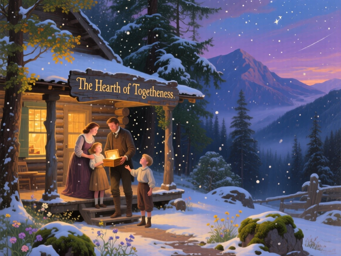 A young family celebrates together at a mountain cabin during a snowstorm on a warm summer evening.