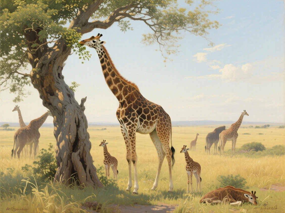 A gentle giraffe reaching to feed from the topmost branches of an acacia tree, as the rest of its family group remains close by, highlighting the quiet majesty found in the natural world