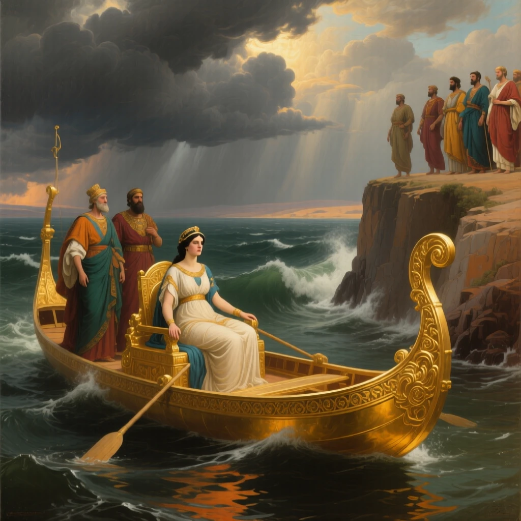 Cleopatra receiving envoys aboard her golden barge on the Nile at the exact instant fate is sealed, set atop a cliff overlooking a stormy sea, as sunlight gilds the edges of drifting storm clouds; the horizon splits the scene between earthly struggle and divine light, radiating triumph tempered by solemn sacrifice.