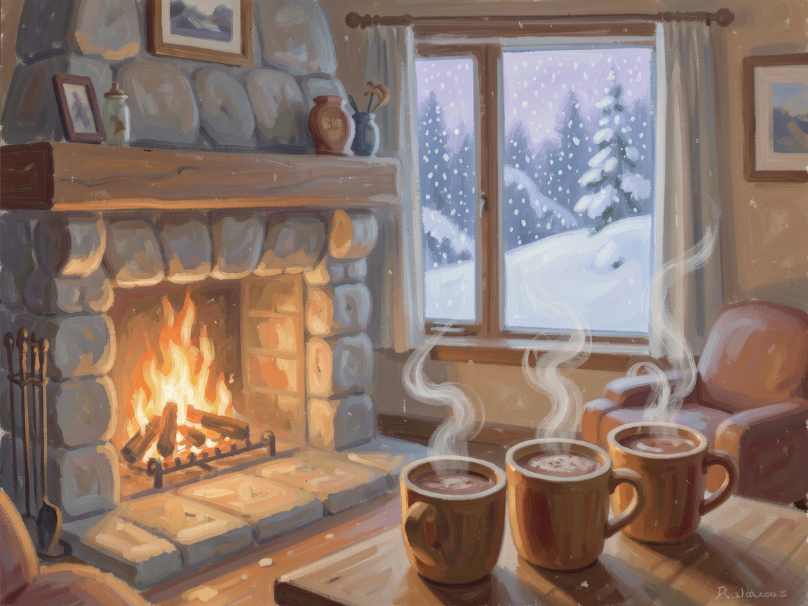 A cozy ski lodge with a roaring fire, mugs of hot cocoa, and snow falling steadily outside the window.
