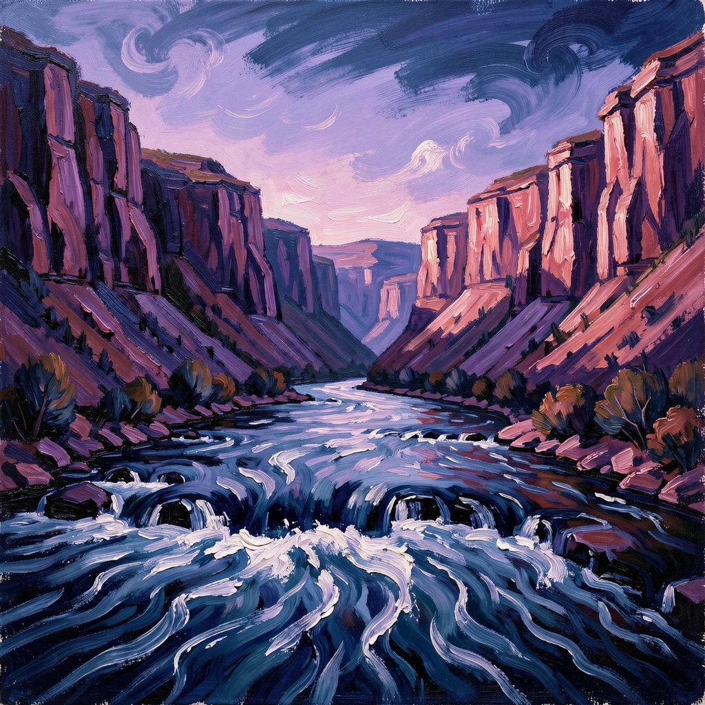 A wide canyon river at dusk, canyon walls glowing deep violet and rose.
