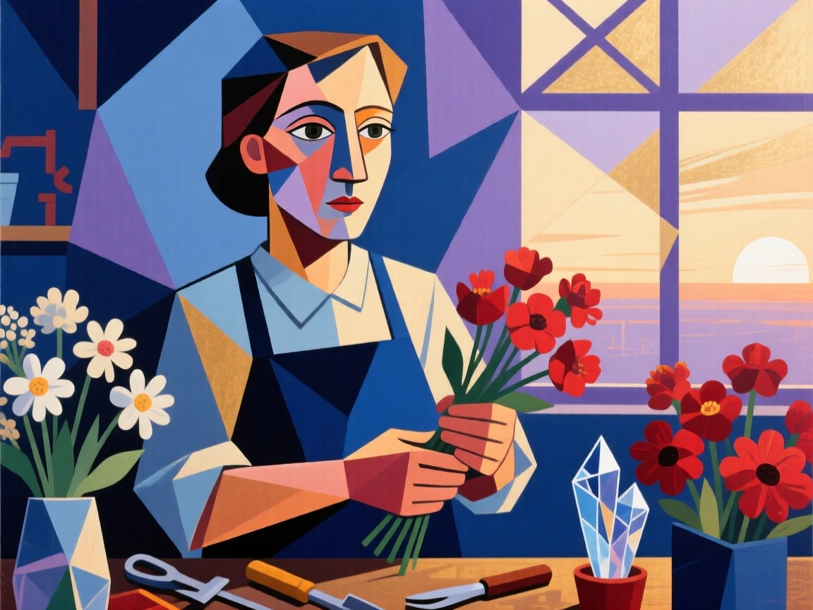 A medium shot portrait of a florist at dawn before the day's work begins, focused and content in the craft.