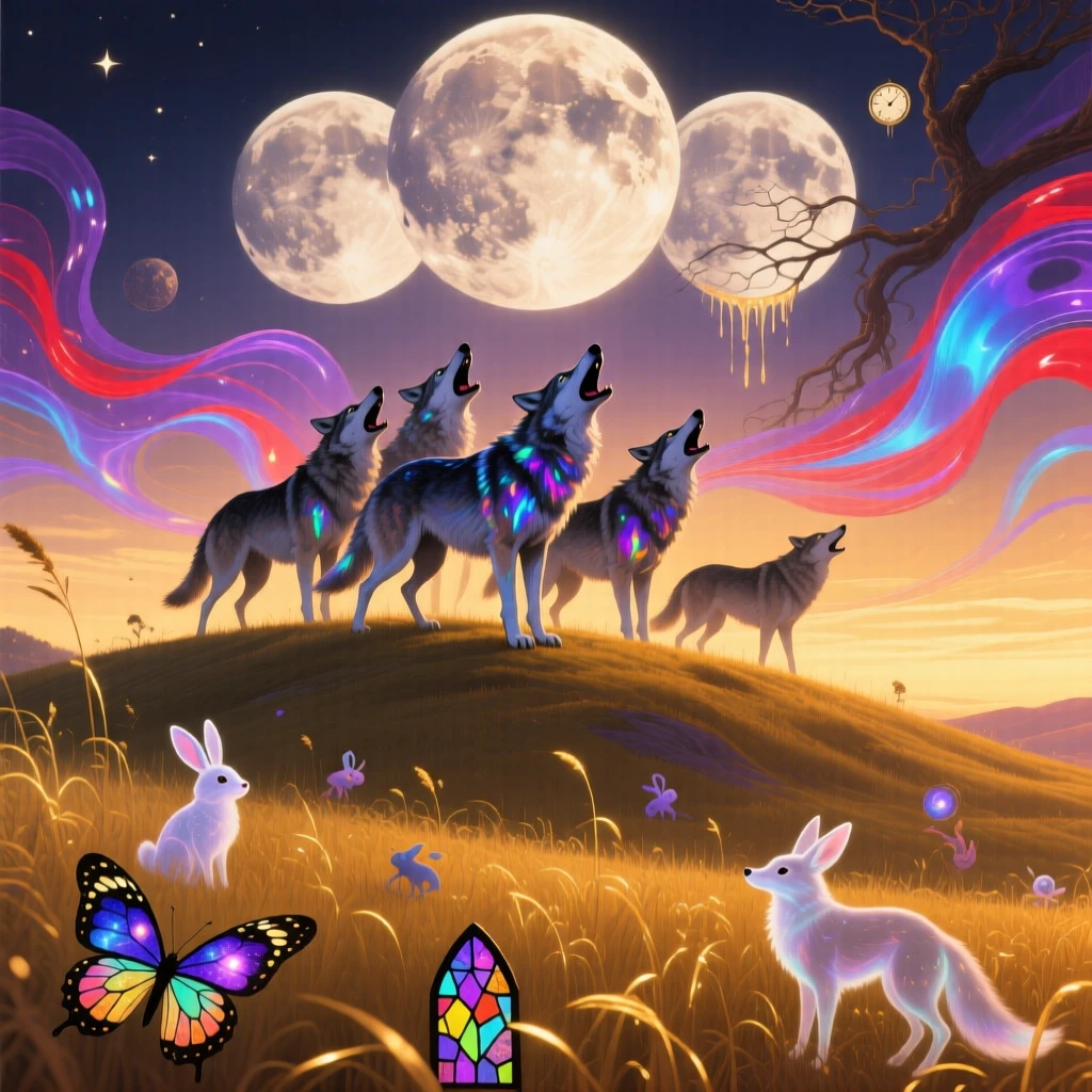 A wolf pack howling atop a hill beneath three overlapping moons wanders calmly through a field bathed in golden light, as small creatures pause to watch it pass by in silence.