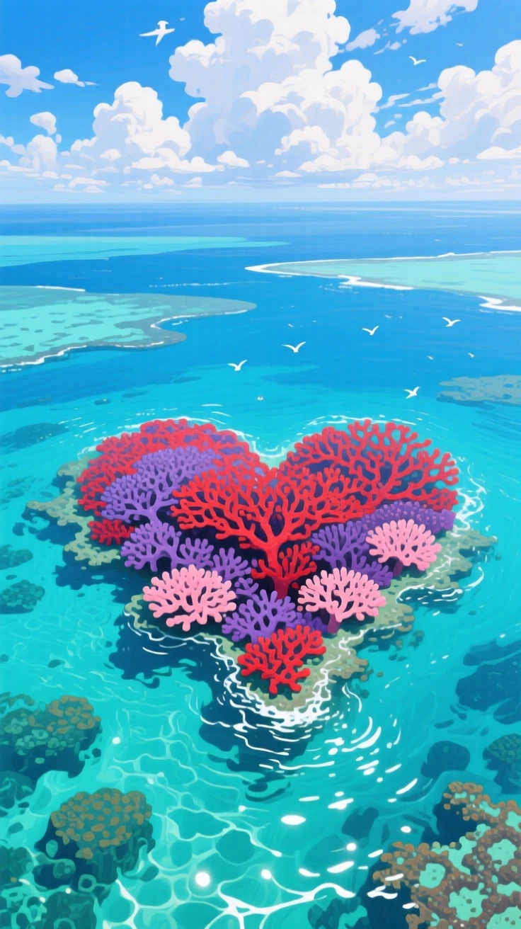 A dramatic aerial shot of the Great Barrier Reef shows Heart Reef's natural coral formation surrounded by brilliant turquoise water and scattered clouds above, the whole scene holding a quiet, unhurried stillness broken only by distant natural sounds.