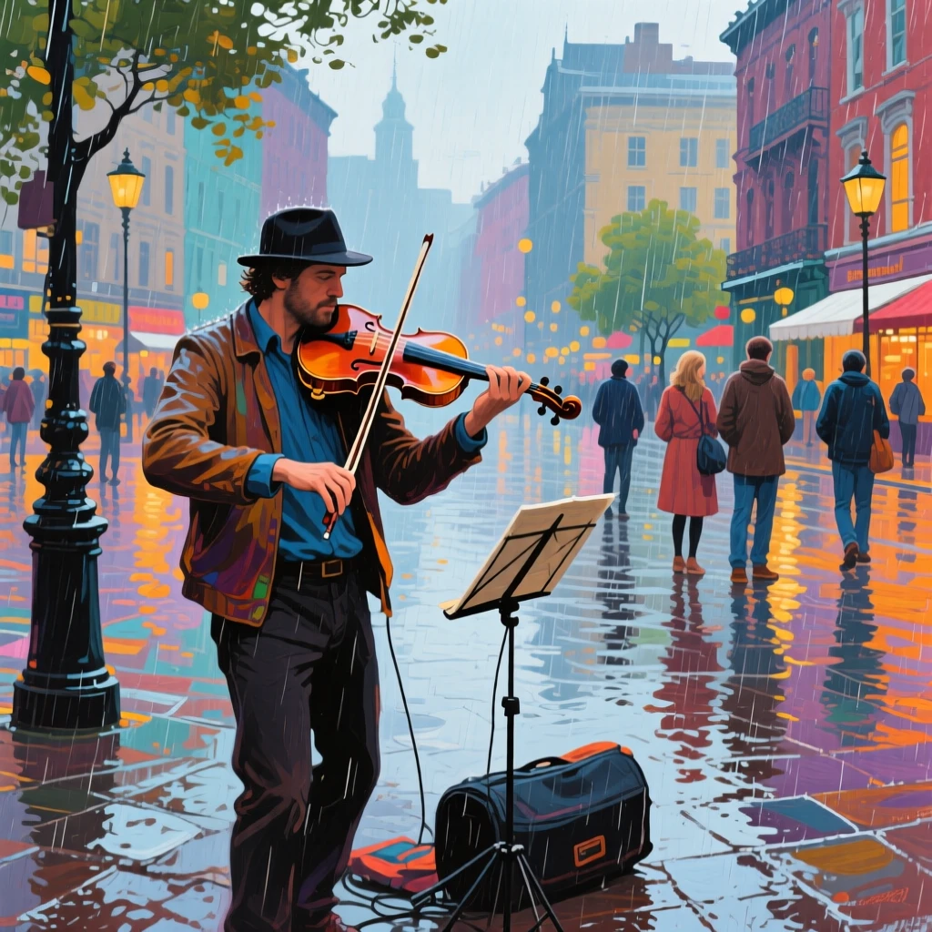 A street musician playing violin in a rain-soaked city square, passersby pausing to listen
