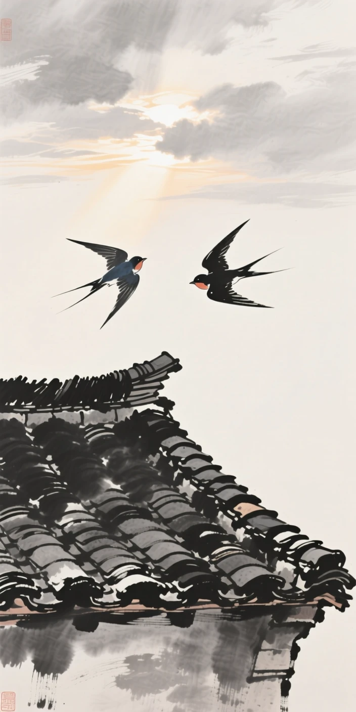 Two swallows dart above a tiled rooftop, while morning light breaks through the clouds.