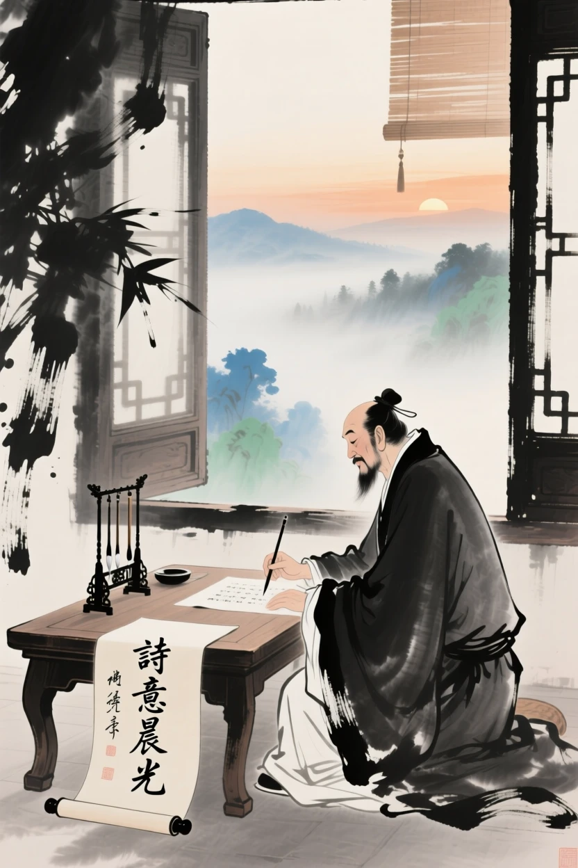 A scholar seated at a low table composing poetry beside an open window, as morning mist begins to lift, suffused with quiet joy.