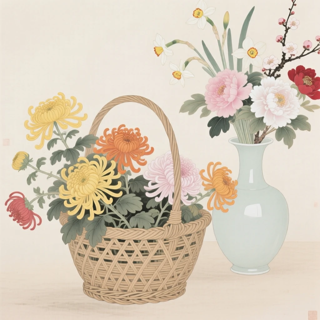 A woven basket overflowing with autumn chrysanthemums beside a vase of freshly cut flowers