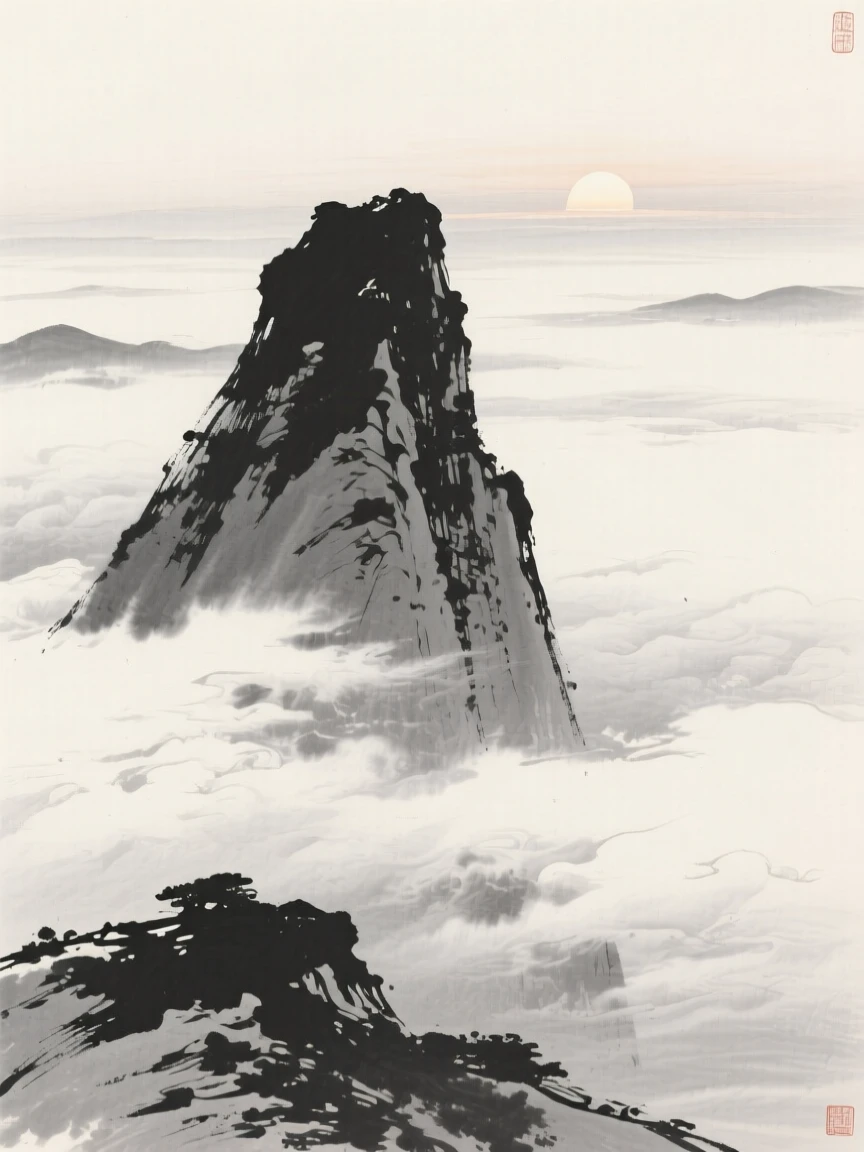 A solitary mountain peak piercing through a sea of clouds at first light, when the world is still hushed and grey, viewed from a high vantage point looking down across the whole scene, suggesting the quiet vastness of the natural world.