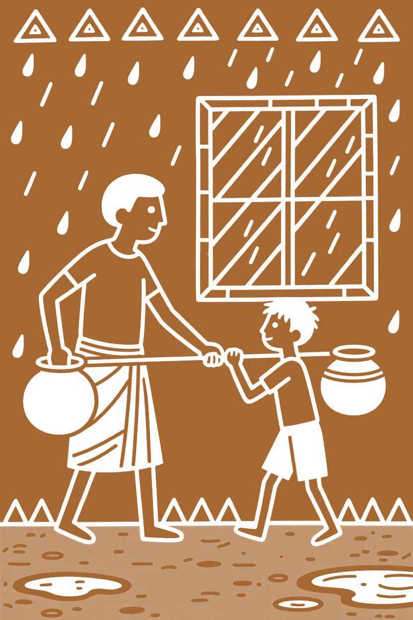 A father and his teenage son helping each other carry water home by a window during the monsoon.