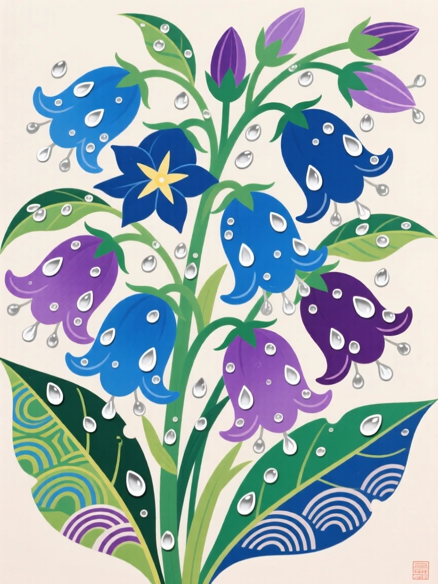 A cluster of bellflowers in morning dew.