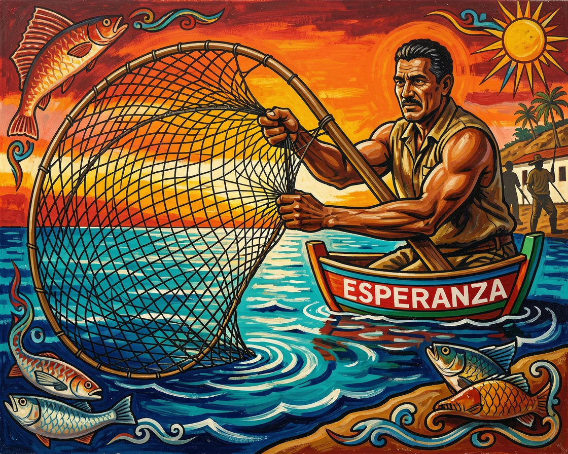 A fisherman casting his net into calm morning waters