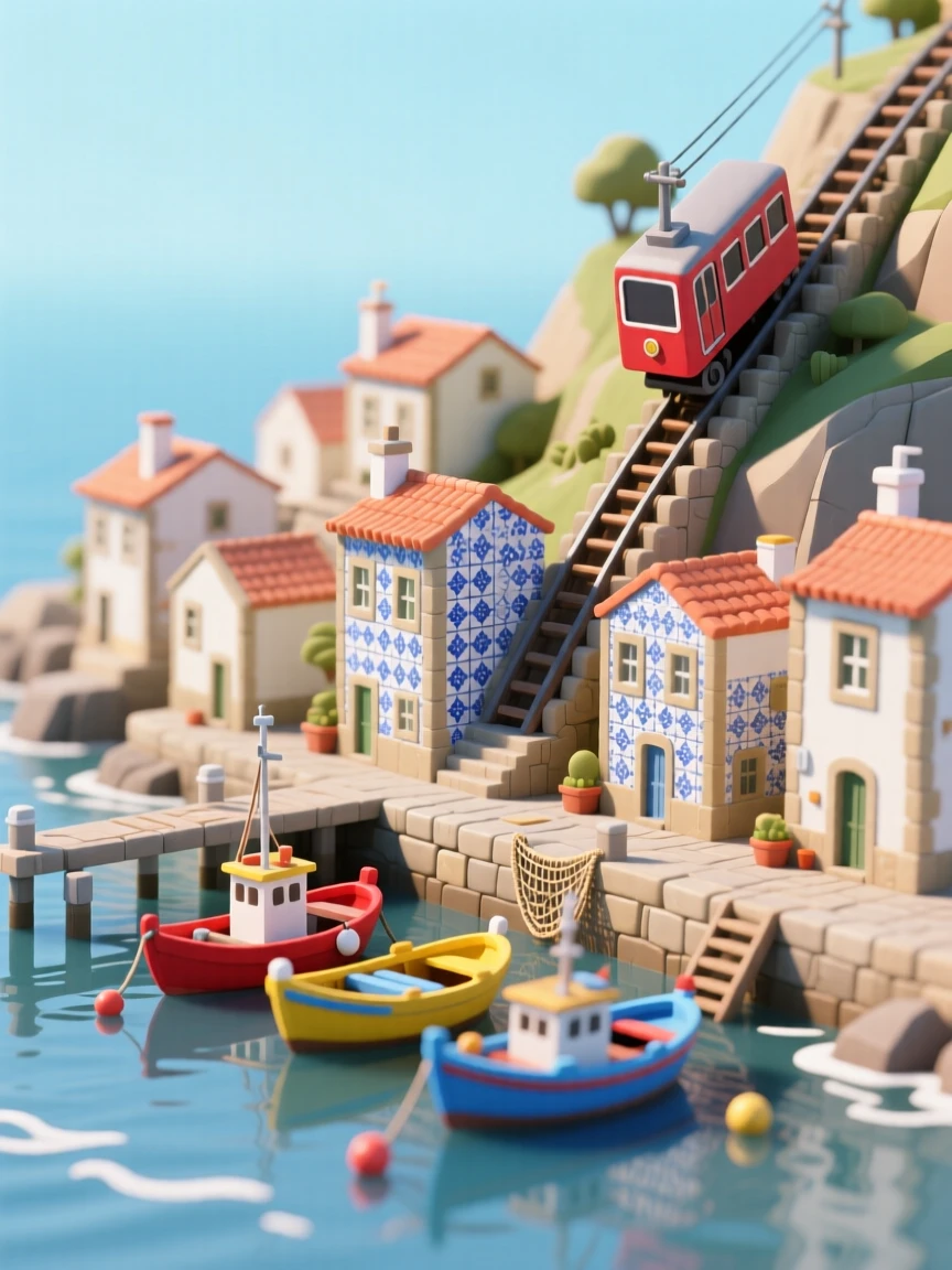 A miniature Portuguese coastal town with tiled building facades, a funicular climbing a steep hill, and fishing boats painted in bright primary colors.