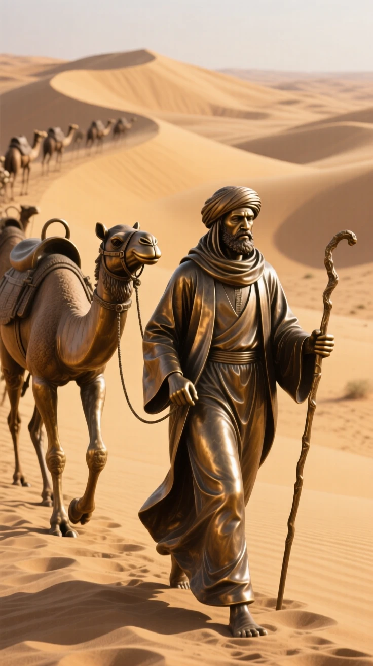 A bedouin trader leading camels across golden dunes, in a moment of pure emotion, forming a strong central focal point