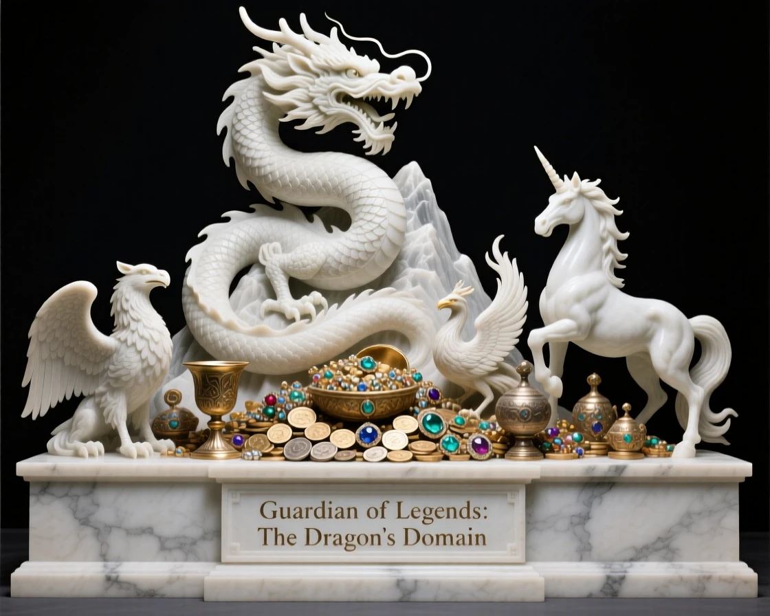 A majestic dragon coiled atop a mountain of treasure, with mythical creatures gathered nearby, radiating power and legend