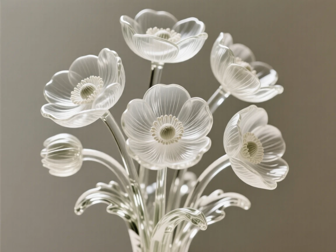 A macro close-up of a bouquet of anemones, every delicate detail in sharp focus, muted background, conveying delicate beauty and serenity.