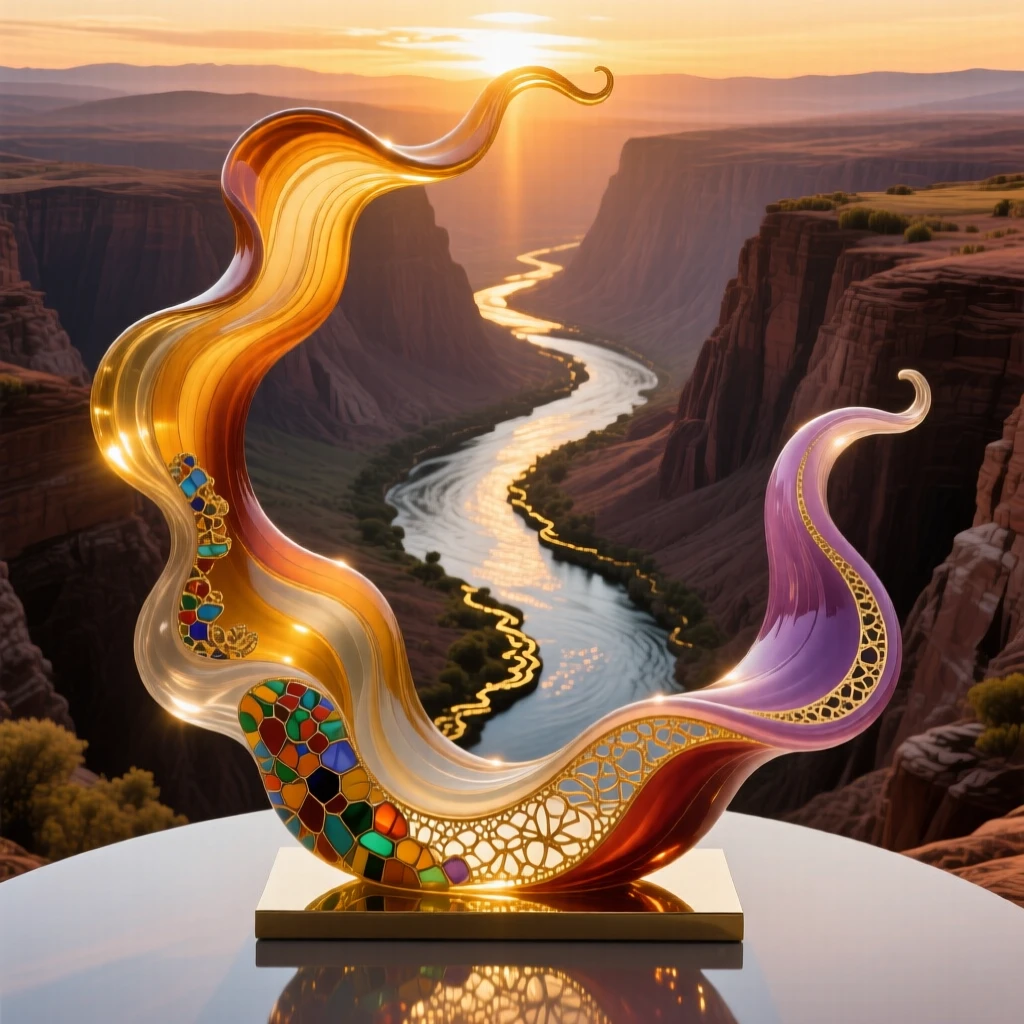 A dramatic canyon carved by a winding river, viewed from above at golden hour, epic and vast.