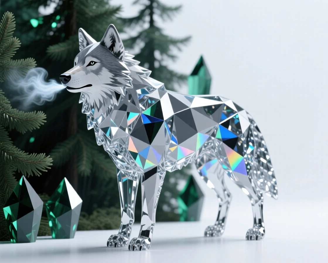 A gray wolf standing at the edge of a dense pine forest, breath visible in cold air.