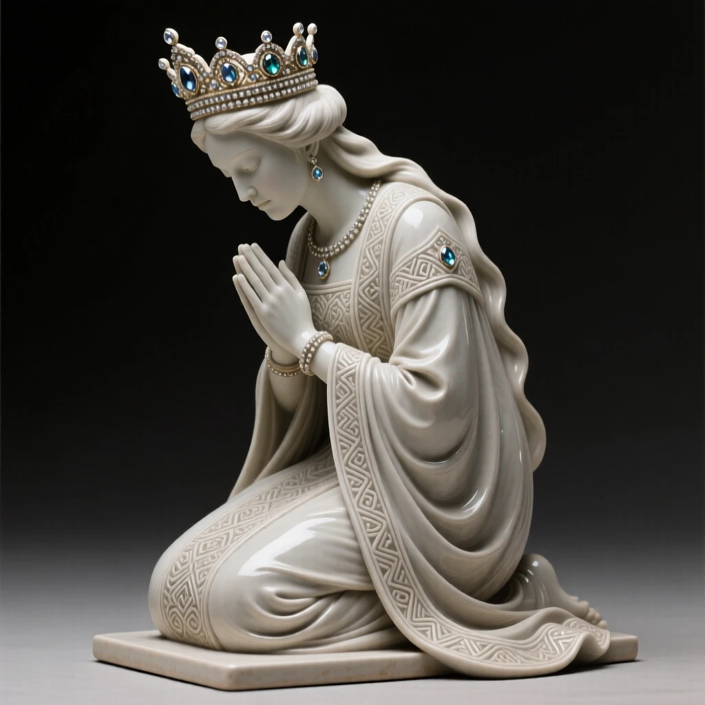 A queen crowned with a jeweled diadem kneeling in reverent tribute, adorned with intricate traditional patterns, stirring a sense of timeless heritage.