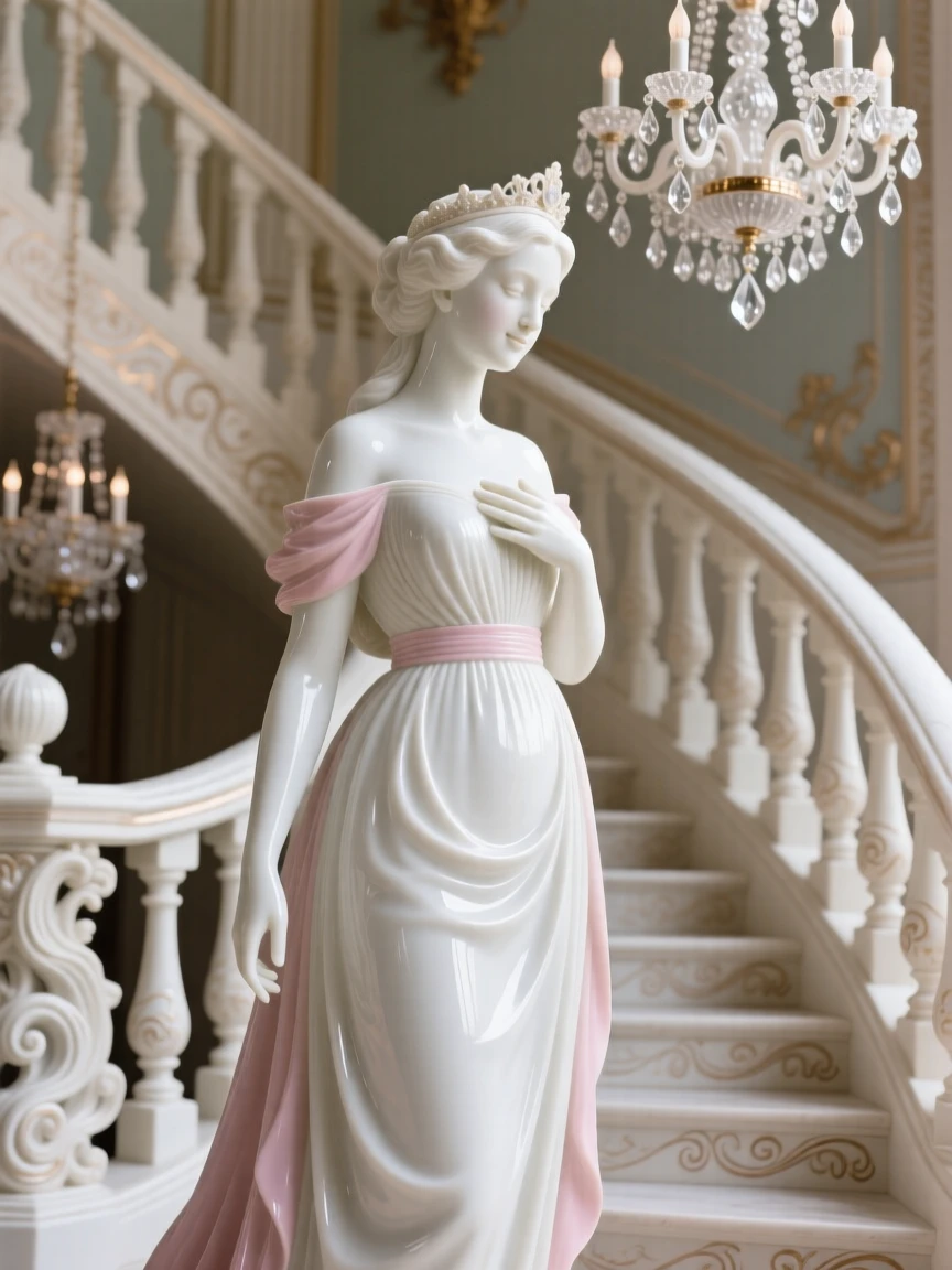 A queen looking over her shoulder with a soft smile, wearing a flowing empire-waist gown, one hand resting gently over her heart, set against a grand staircase lit by chandeliers.